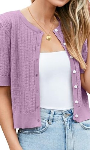 Womens Cropped Cardigan Sweaters 2025 Summer Lightweight Short Sleeve Bolero Shrug Hollow Out Button Down Tops