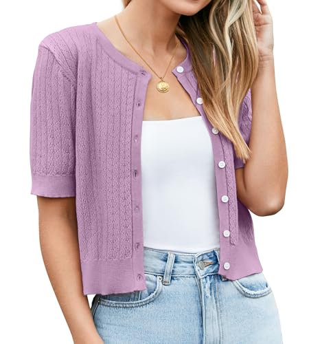 Womens Cropped Cardigan Sweaters 2025 Summer Lightweight Short Sleeve Bolero Shrug Hollow Out Button Down Tops