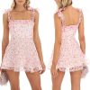 Women Summer Casual Dress Floral Print Tie-Up Shoulder Strap Mini Dress Fashion Double Layer Backless Cami Dress