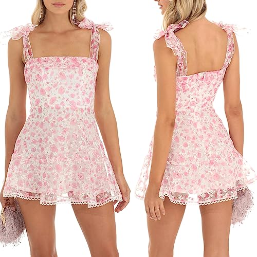 Women Summer Casual Dress Floral Print Tie-Up Shoulder Strap Mini Dress Fashion Double Layer Backless Cami Dress
