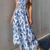 Women's Floral Print Tie Strap Square Neck Ruffle Boho Maxi Dress