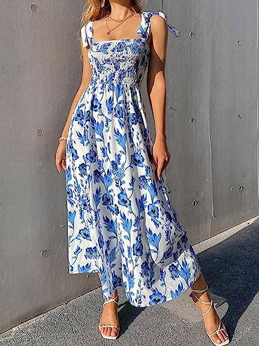 Women's Floral Print Tie Strap Square Neck Ruffle Boho Maxi Dress