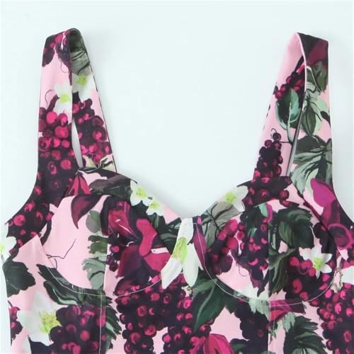 Women's Floral Print Dress with Heart Shaped Collar Slim Fit Straps Side Zipper Long Maxi Skirt