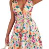 Women's Cut Out Backless Sleeveless Shirred Floral A Line Short Dress