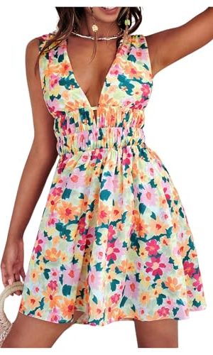 Women's Cut Out Backless Sleeveless Shirred Floral A Line Short Dress