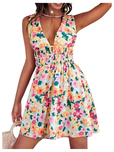 Women's Cut Out Backless Sleeveless Shirred Floral A Line Short Dress