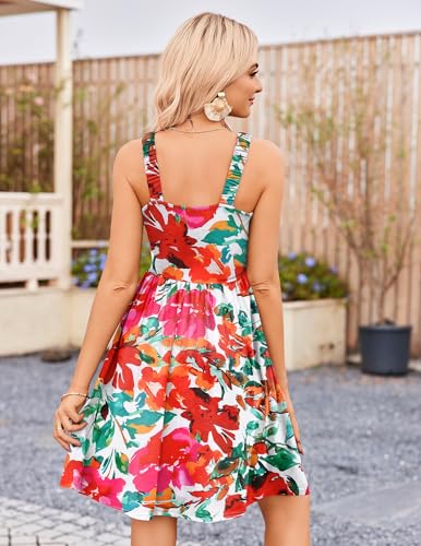 Women's Summer Dress Floral Square Neck Sleeveless Casual Dress with Pockets A-line Swing Mini Dresses Sundress