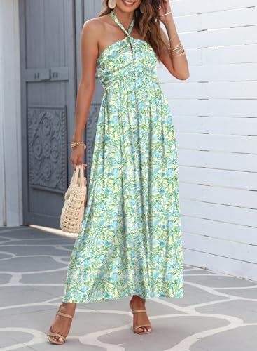 Women's Summer Dresses Halter Neck Sleeveless Backless Flowy A Line Boho Maxi Dress