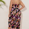 Plus Size Satin Dress 1X-4X Ruched Cowl Neck Spaghetti Strap Elegant Midi Dress Wedding Guest Cocktail Party