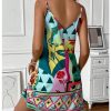 Women's Floral Print Cami Dress Spaghetti Strap V Neck Tunic Dress
