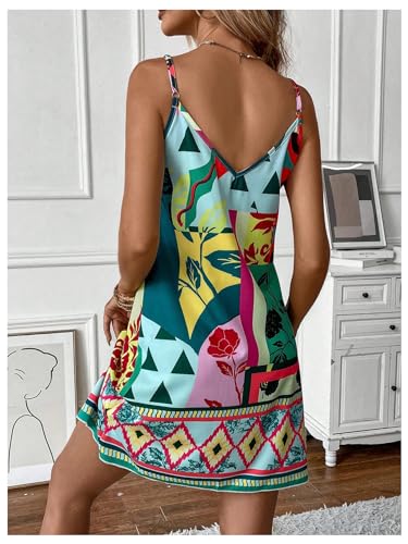Women's Floral Print Cami Dress Spaghetti Strap V Neck Tunic Dress