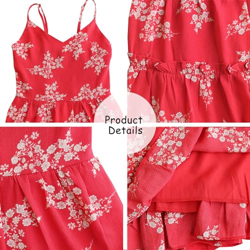 Women Floral Casual Tiered Mini Dresses Spaghetti Strap V Neck Backless A Line Swing Short Dress with Pockets