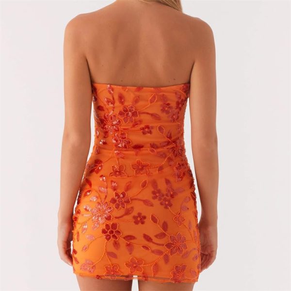 Women's Y2k Beaded Floral Dress Slim Sparkly Sequins Sleeveless Mini Bodycon Dress