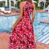 Womens 2025 Summer Vacation Outfits Halter Neck Floral Tiered Ruffled Flowy Casual Beach Boho Long Maxi Dress