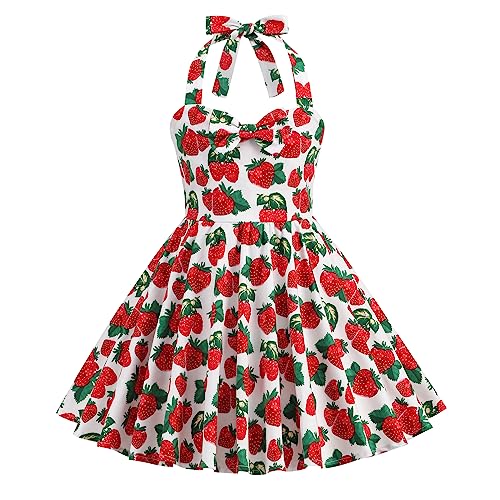 Girls 50s Sweetheart Vintage Flower Swing Straps Prom Dress with Polka Dots 3-11Years
