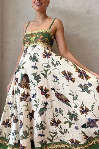 Women's Boho Floral Spaghetti Strap Long Dress Square Neck Vintage Y2k Graffiti Cami Maxi Dress