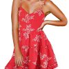 Women Floral Casual Tiered Mini Dresses Spaghetti Strap V Neck Backless A Line Swing Short Dress with Pockets