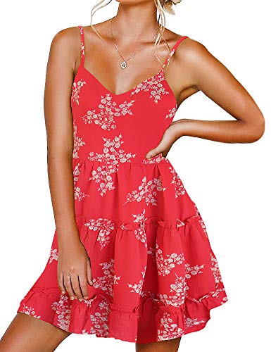 Women Floral Casual Tiered Mini Dresses Spaghetti Strap V Neck Backless A Line Swing Short Dress with Pockets
