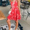 Women Floral Casual Tiered Mini Dresses Spaghetti Strap V Neck Backless A Line Swing Short Dress with Pockets