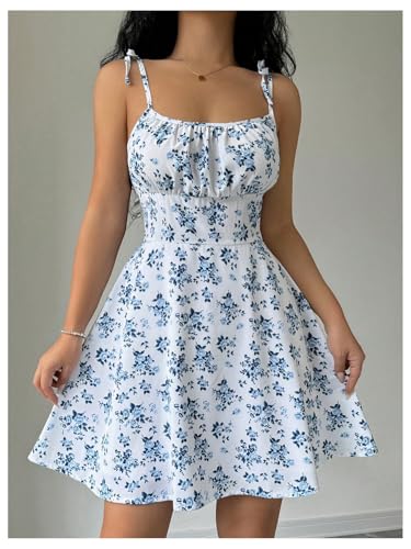 Women's Floral Print Tie Strap Mini Dress Square Neck Ruched Flared A Line Beach Vacation Flowy Dresses