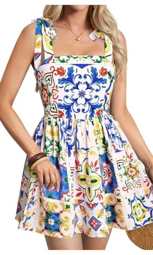 Women's Summer Floral Mini Dress Shirred Tie Shoulder Sleeveless A Line Short Cami Sundresses