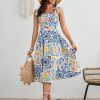 Women's Floral Print Tie Strap Square Neck Ruffle Boho Maxi Dress