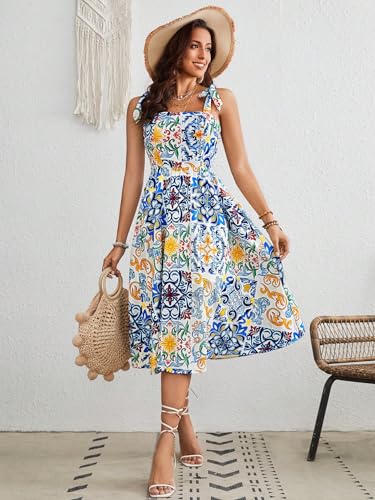 Women's Floral Print Tie Strap Square Neck Ruffle Boho Maxi Dress