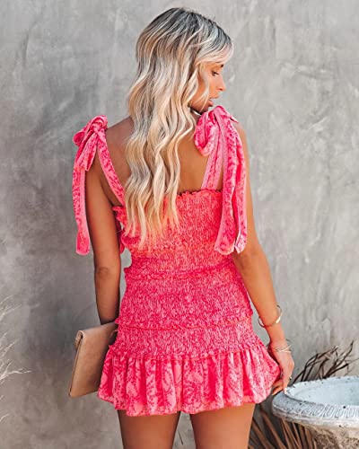Women Spaghetti Floral Print Tiered Tie Slim Fit Short Dresses Summer Sleeveless Ruffle Smocked Mini Dress