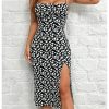 Women's Floral Print Slit Cami Dress Sleeveless Boho Bodycon Midi Dress