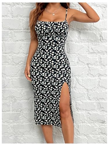 Women's Floral Print Slit Cami Dress Sleeveless Boho Bodycon Midi Dress
