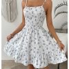 Women's Summer Floral Mini Dress Smocked Ruffle Spaghetti Strap Flowy Boho Cami Dress