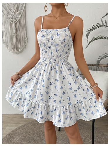 Women's Summer Floral Mini Dress Smocked Ruffle Spaghetti Strap Flowy Boho Cami Dress