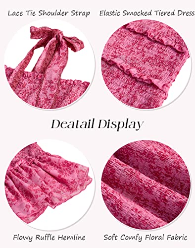 Womens Summer Ruffle Smocked Mini Dress Sleeveless Floral Print Tiered Tie Slim Fit Short Dresses