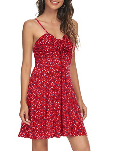 Spaghetti Strap Floral Mini Dress Women's Casual Ruched Front Drawstring Swing Sundress