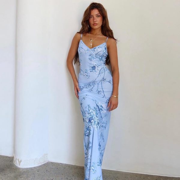 Women Vintage Spaghetti Strap Maxi Dress Sexy Low Cut Backless Floral Satin Slip Long Dress Y2k Cami Bodycon Dresses