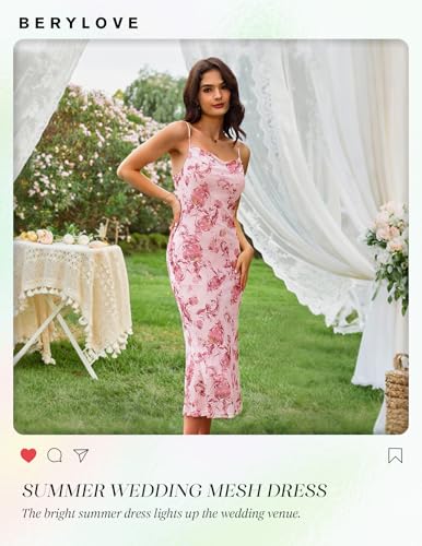 Women Summer Floral Mesh Wedding Guest Cocktail Spaghetti Strap Dress