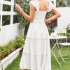 Women's 2025 Summer Wedding Guest Dress Ruffle Sleeve Smocked Square Neck Long Flowy Tiered Maxi Sundress