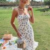 Women's Summer Split Thigh Spaghetti Strap Cami Midi Floral Dress