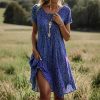 Beach Dresses for Women 2025 Summer Trendy Floral Print Boho Vacation Dress Casual Short Sleeve Flowy Midi Dress with Pockets