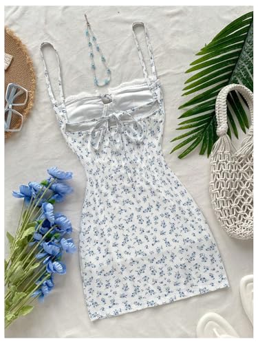 Women's Summer Ditsy Floral Mini Dress Backless Tie Short Sun Dresses