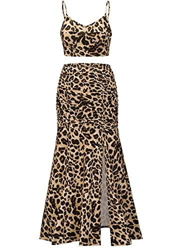 Women's Summer Floral Printed Spaghetti Strap Cami Top and Split Thigh Skirt Set Slim Fit Club Party Dress