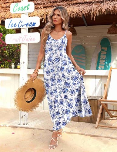 Womens Summer Maxi Dress Spaghetti Strap Casual Printed Dress Boho Floral Beach Sundress,