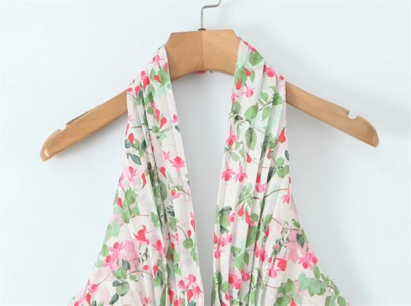Women's Vintage Backless Floral Print Dresses Deep V Neck A-Line Mini Holiday Dress