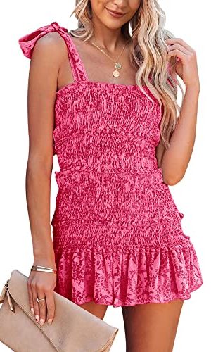 Womens Summer Ruffle Smocked Mini Dress Sleeveless Floral Print Tiered Tie Slim Fit Short Dresses