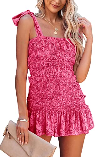 Womens Summer Ruffle Smocked Mini Dress Sleeveless Floral Print Tiered Tie Slim Fit Short Dresses