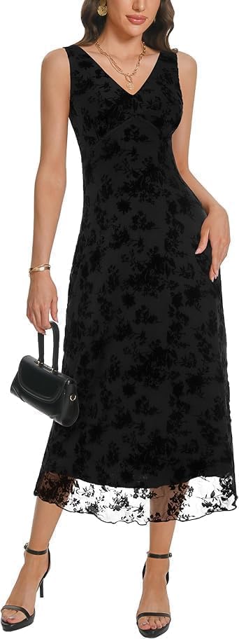 Women's Elegant V Neck Sleeveless Long Dress Double Layers Floral Mesh Maxi Dress Summer Casual Wedding Guest Outfits
