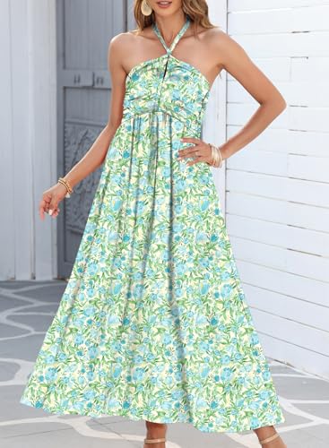 Women's Summer Dresses Halter Neck Sleeveless Backless Flowy A Line Boho Maxi Dress