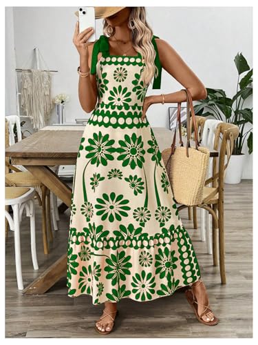 Women's Vintage Sleeveless Tie Shoulder Sundress Floral Print Cami Maxi Dress