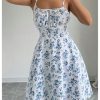 Women's Floral Print Tie Strap Mini Dress Square Neck Ruched Flared A Line Beach Vacation Flowy Dresses
