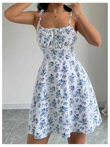 Women's Floral Print Tie Strap Mini Dress Square Neck Ruched Flared A Line Beach Vacation Flowy Dresses